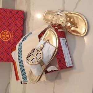 Brand new in box with bag, Tory Burch Miller sandals, rose gold, 9.5